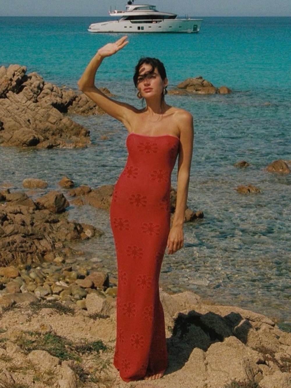 Strapless Red Maxi Dress with Subtle Flower Texture